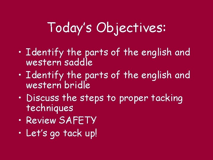 Today’s Objectives: • Identify the parts of the english and western saddle • Identify