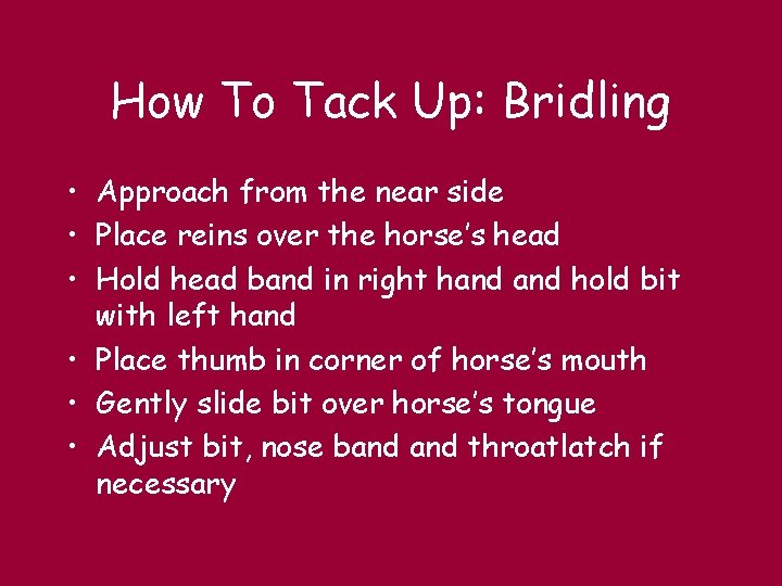 How To Tack Up: Bridling • Approach from the near side • Place reins