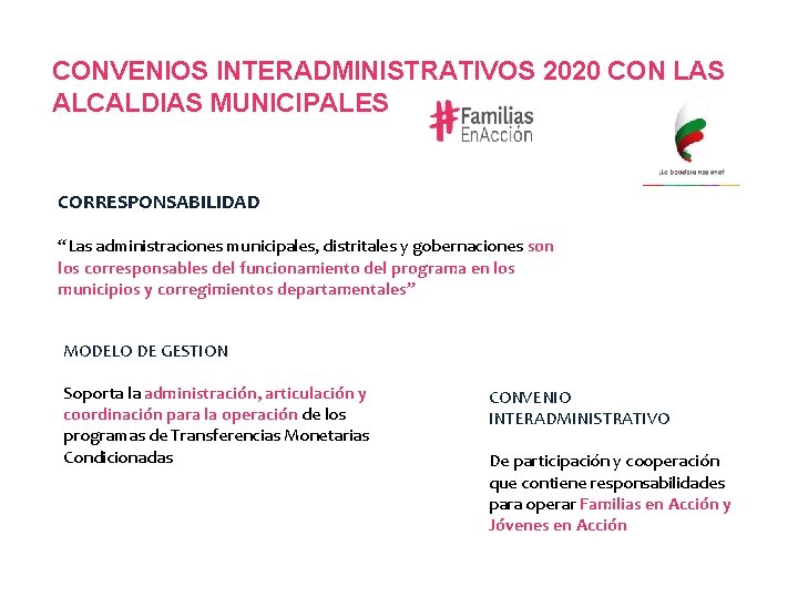 CONVENIOS INTERADMINISTRATIVOS 2020 CON LAS ALCALDIAS MUNICIPALES CORRESPONSABILIDAD “Las administraciones municipales, distritales y gobernaciones CONVENIOS INTERADMINISTRATIVOS 2020 CON LAS ALCALDIAS MUNICIPALES CORRESPONSABILIDAD “Las administraciones municipales, distritales y gobernaciones