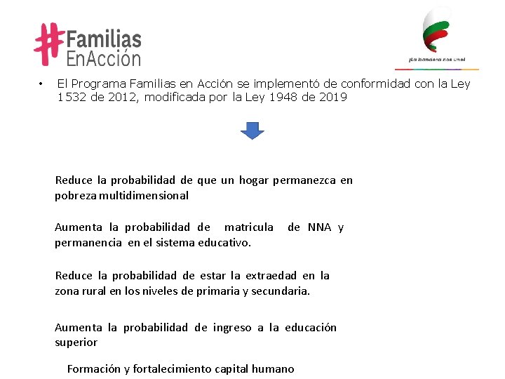 • El Programa Familias en Acción se implementó de conformidad con la Ley • El Programa Familias en Acción se implementó de conformidad con la Ley
