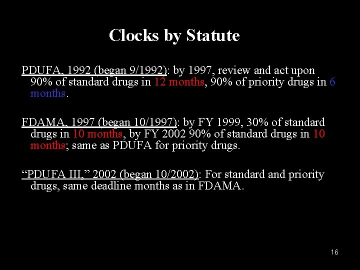 Clocks by Statute PDUFA, 1992 (began 9/1992): by 1997, review and act upon 90%