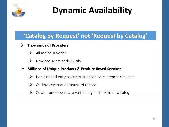 Dynamic Availability ‘Catalog by Request’ not ‘Request by Catalog’ Ø Thousands of Providers Ø