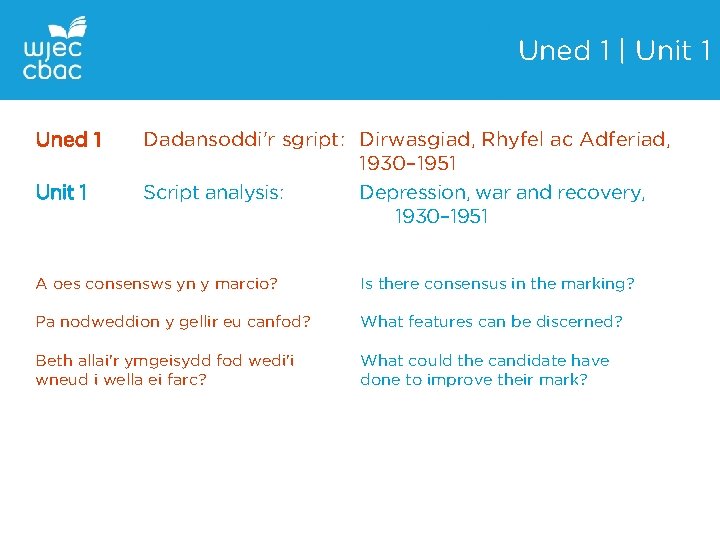 Uned 1 | Unit 1 Uned 1 Unit 1 Dadansoddi'r sgript: Dirwasgiad, Rhyfel ac