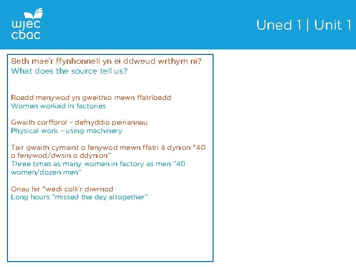 Uned 1 | Unit 1 Beth mae’r ffynhonnell yn ei ddweud wrthym ni? What