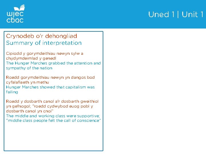 Uned 1 | Unit 1 Crynodeb o'r dehongliad Summary of interpretation Cipiodd y gorymdeithiau