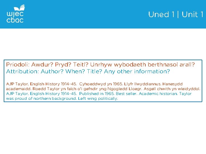 Uned 1 | Unit 1 Priodoli: Awdur? Pryd? Teitl? Unrhyw wybodaeth berthnasol arall? Attribution: