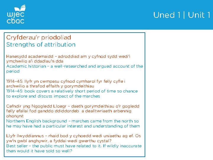 Uned 1 | Unit 1 Cryfderau'r priodoliad Strengths of attribution Hanesydd academaidd – adroddiad