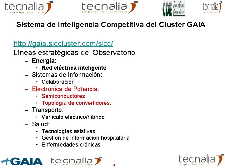 Sistema de Inteligencia Competitiva del Cluster GAIA http: //gaia. siccluster. com/sicc/ Líneas estratégicas del Sistema de Inteligencia Competitiva del Cluster GAIA http: //gaia. siccluster. com/sicc/ Líneas estratégicas del