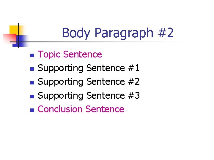 Body Paragraph #2 n n n Topic Sentence Supporting Sentence #1 Supporting Sentence #2