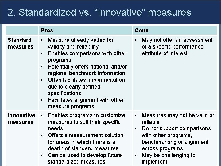 2. Standardized vs. “innovative” measures Pros Cons Standard measures • Measure already vetted for