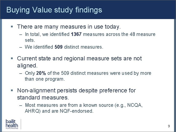 Buying Value study findings § There are many measures in use today. – In