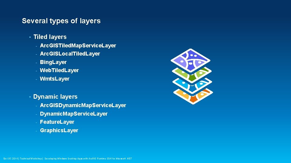 Several types of layers • • Tiled layers - Arc. GISTiled. Map. Service. Layer