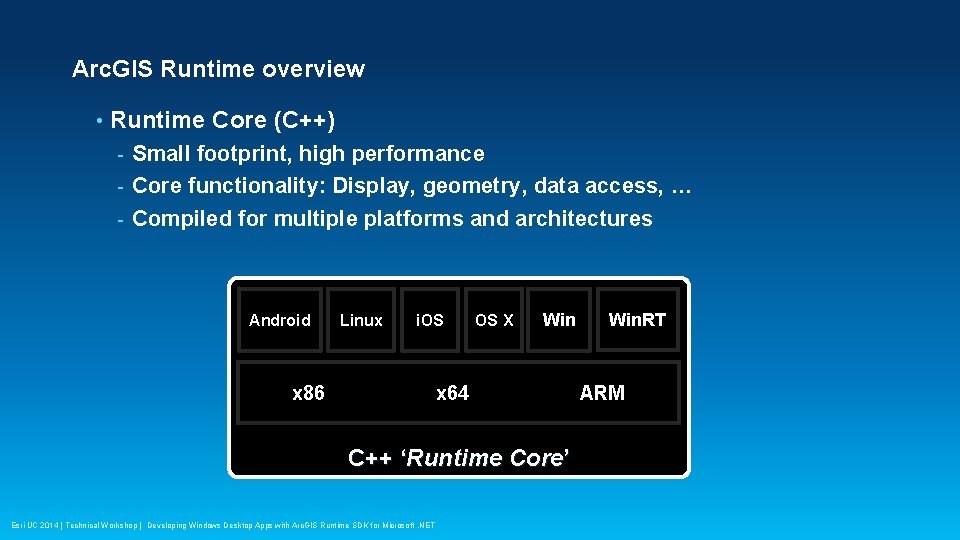 Arc. GIS Runtime overview • Runtime Core (C++) Small footprint, high performance - Core