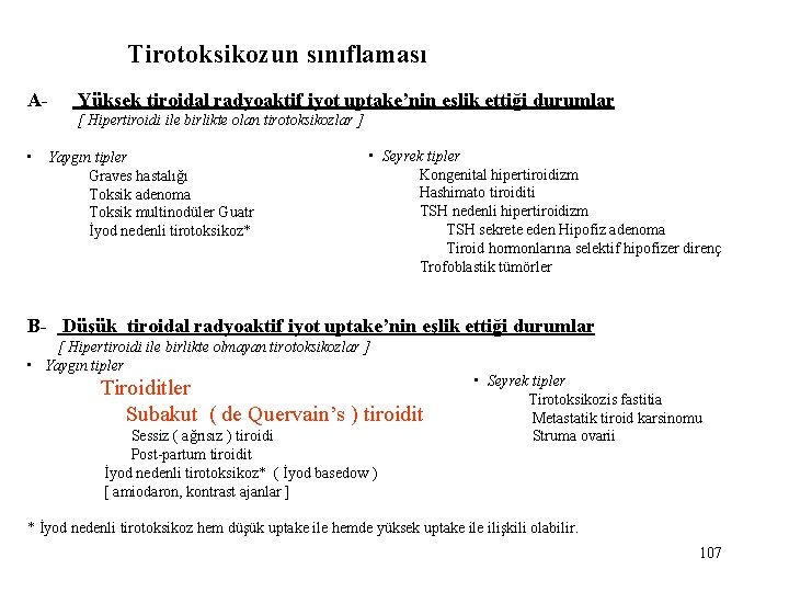 Tirotoksikozun sınıflaması A- Yüksek tiroidal radyoaktif iyot uptake’nin eşlik ettiği durumlar [ Hipertiroidi ile