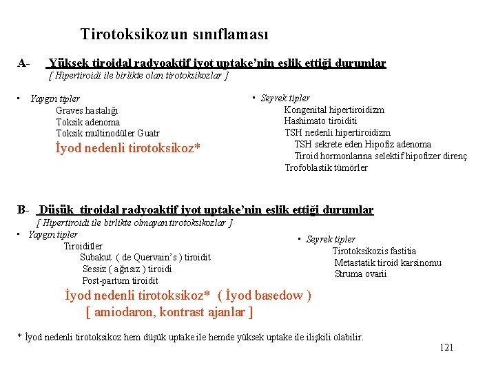 Tirotoksikozun sınıflaması A- Yüksek tiroidal radyoaktif iyot uptake’nin eşlik ettiği durumlar [ Hipertiroidi ile