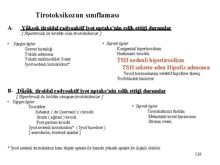 Tirotoksikozun sınıflaması A- Yüksek tiroidal radyoaktif iyot uptake’nin eşlik ettiği durumlar [ Hipertiroidi ile