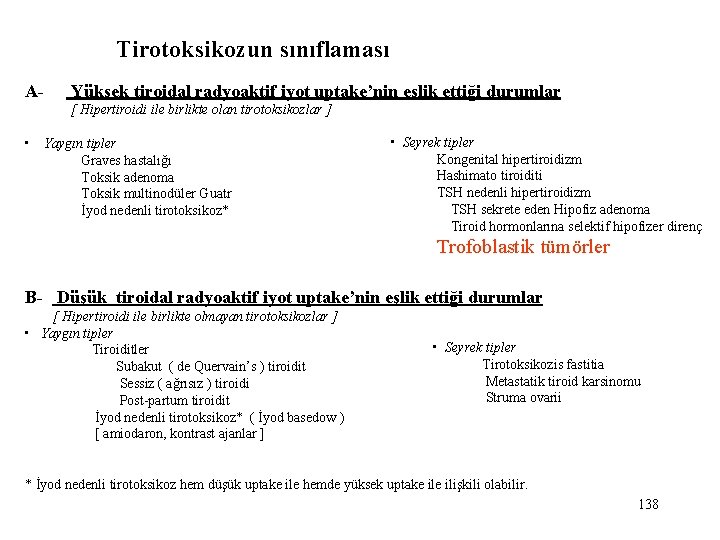 Tirotoksikozun sınıflaması A- Yüksek tiroidal radyoaktif iyot uptake’nin eşlik ettiği durumlar [ Hipertiroidi ile