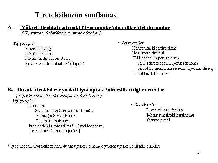 Tirotoksikozun sınıflaması A- Yüksek tiroidal radyoaktif iyot uptake’nin eşlik ettiği durumlar [ Hipertiroidi ile