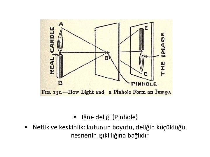  • İğne deliği (Pinhole) • Netlik ve keskinlik: kutunun boyutu, deliğin küçüklüğü, nesnenin