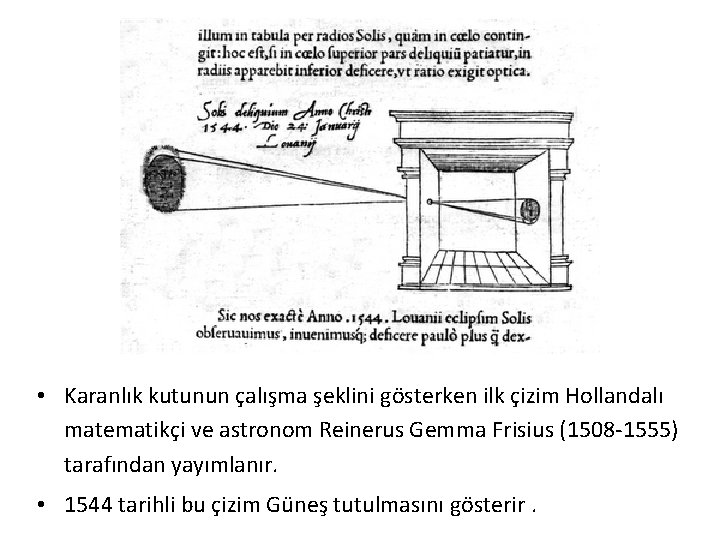  • Karanlık kutunun çalışma şeklini gösterken ilk çizim Hollandalı matematikçi ve astronom Reinerus