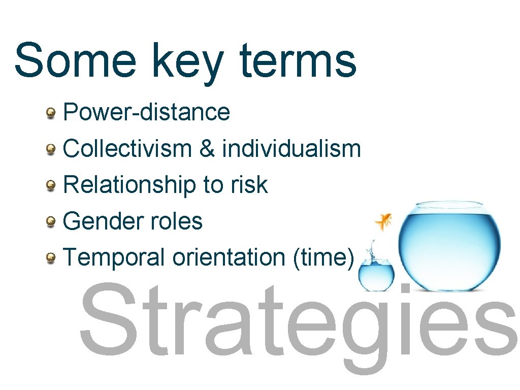 strategies Some key terms Power-distance Collectivism & individualism Relationship to risk Gender roles Temporal