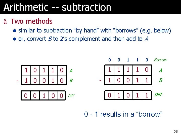 Arithmetic -- subtraction ã Two methods l similar to subtraction “by hand” with “borrows”