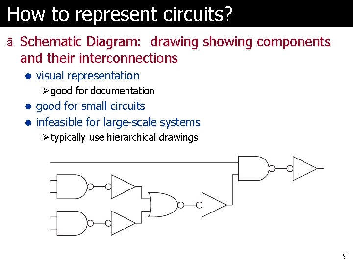 How to represent circuits? ã Schematic Diagram: drawing showing components and their interconnections l