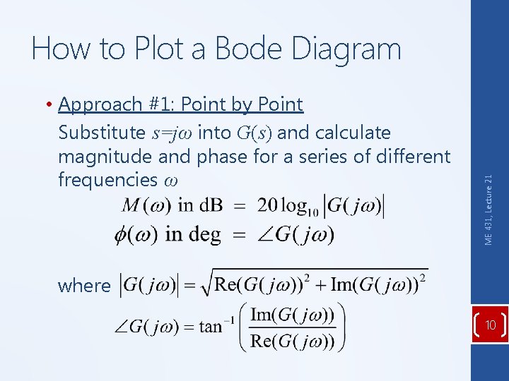  • Approach #1: Point by Point Substitute s=jω into G(s) and calculate magnitude