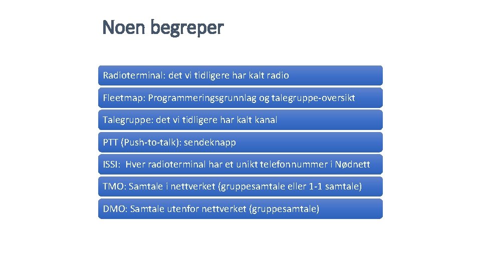 Noen begreper Radioterminal: det vi tidligere har kalt radio Fleetmap: Programmeringsgrunnlag og talegruppe-oversikt Talegruppe: