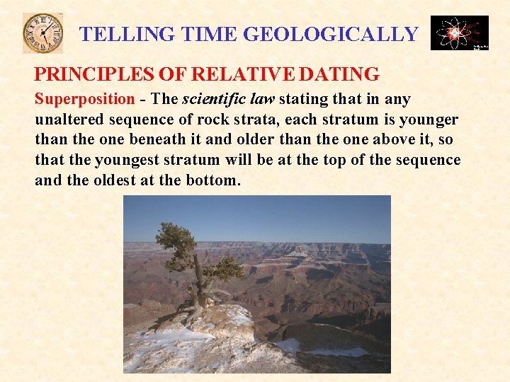 TELLING TIME GEOLOGICALLY PRINCIPLES OF RELATIVE DATING Superposition - The scientific law stating that