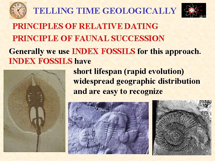 TELLING TIME GEOLOGICALLY PRINCIPLES OF RELATIVE DATING PRINCIPLE OF FAUNAL SUCCESSION Generally we use