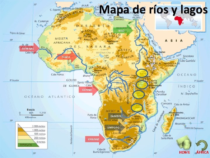 Mapa de ríos y lagos NILO SENEGAL NÍGER CONGO ZAMBEZE LIMPOPO ORANGE HOME ÁFRICA