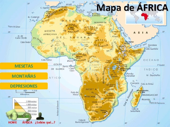 Mapa de ÁFRICA MESETAS MONTAÑAS DEPRESIONES HOME ÁFRICA ¿Sabías qué…? 