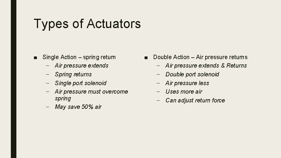 Types of Actuators ■ Single Action – spring return – Air pressure extends –