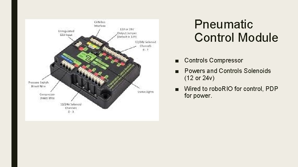 Pneumatic Control Module ■ Controls Compressor ■ Powers and Controls Solenoids (12 or 24