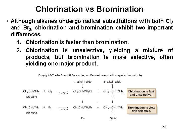 Chlorination vs Bromination • Although alkanes undergo radical substitutions with both Cl 2 and