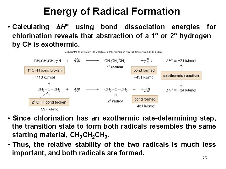 Energy of Radical Formation • Calculating H° using bond dissociation energies for chlorination reveals