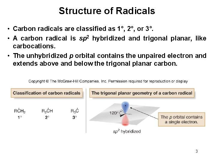 Structure of Radicals • Carbon radicals are classified as 1°, 2°, or 3°. •