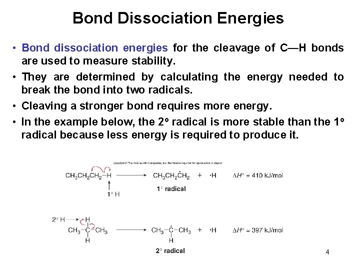 Bond Dissociation Energies • Bond dissociation energies for the cleavage of C—H bonds are