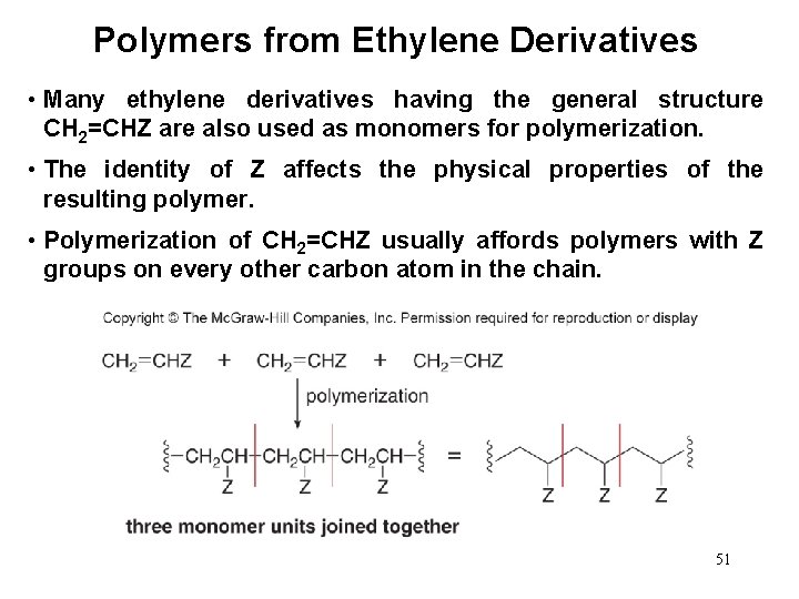Polymers from Ethylene Derivatives • Many ethylene derivatives having the general structure CH 2=CHZ