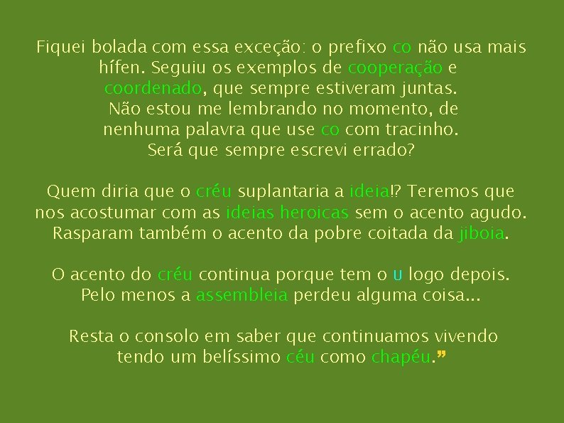 Fiquei bolada com essa exceção: o prefixo co não usa mais hífen. Seguiu os