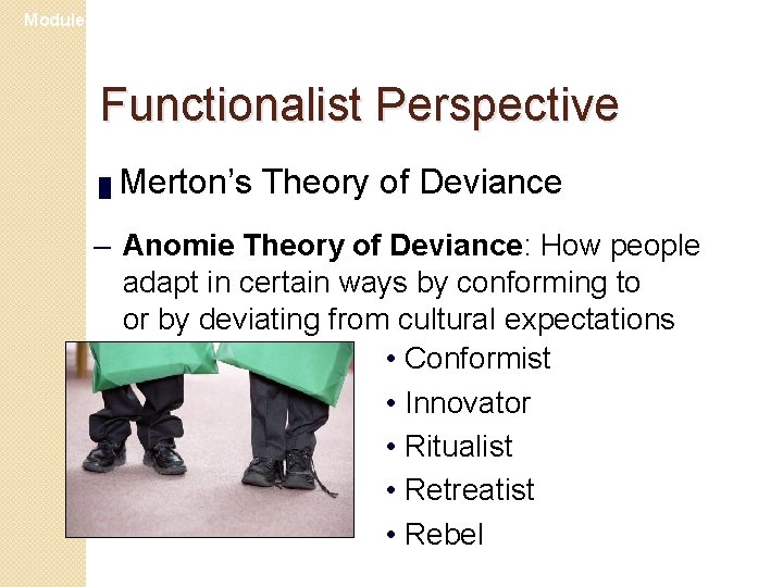 Module 24 Functionalist Perspective █ Merton’s Theory of Deviance – Anomie Theory of Deviance: