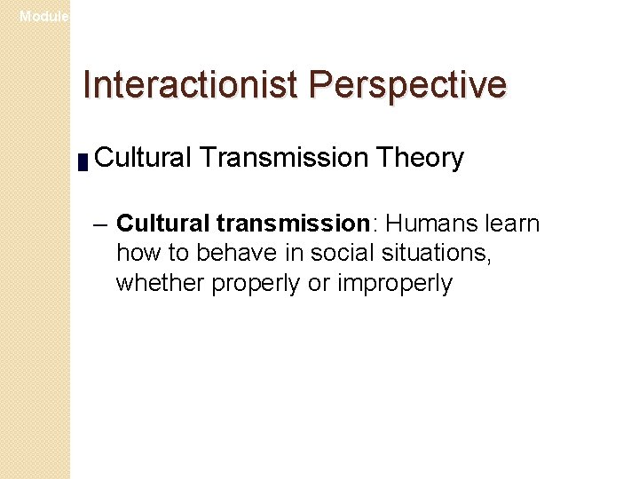 Module 24 Interactionist Perspective █ Cultural Transmission Theory – Cultural transmission: Humans learn how