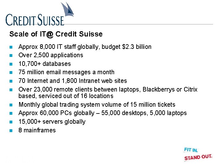 Scale of IT@ Credit Suisse n n n n n Approx 8, 000 IT