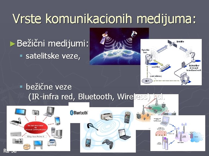 Vrste komunikacionih medijuma: ► Bežični medijumi: § satelitske veze, § bežične veze (IR-infra red,