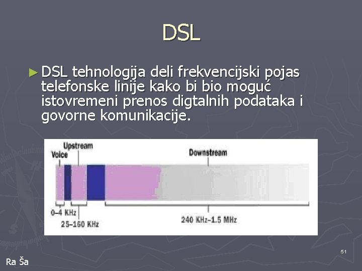 DSL ► DSL tehnologija deli frekvencijski pojas telefonske linije kako bi bio moguć istovremeni