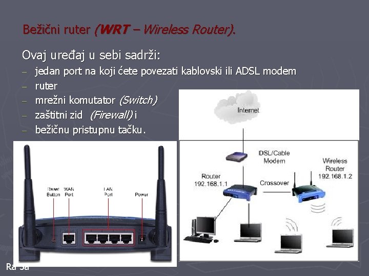 Bežični ruter (WRT – Wireless Router). Ovaj uređaj u sebi sadrži: ‒ ‒ ‒