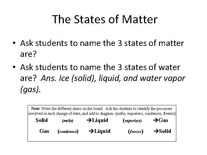  The States of Matter • Ask students to name the 3 states of