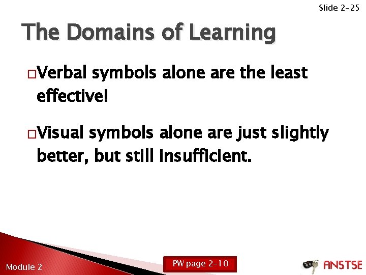 Slide 2 -25 The Domains of Learning �Verbal symbols alone are the least effective!