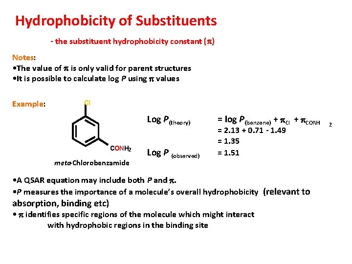 Hydrophobicity of Substituents - the substituent hydrophobicity constant (p) Notes: • The value of